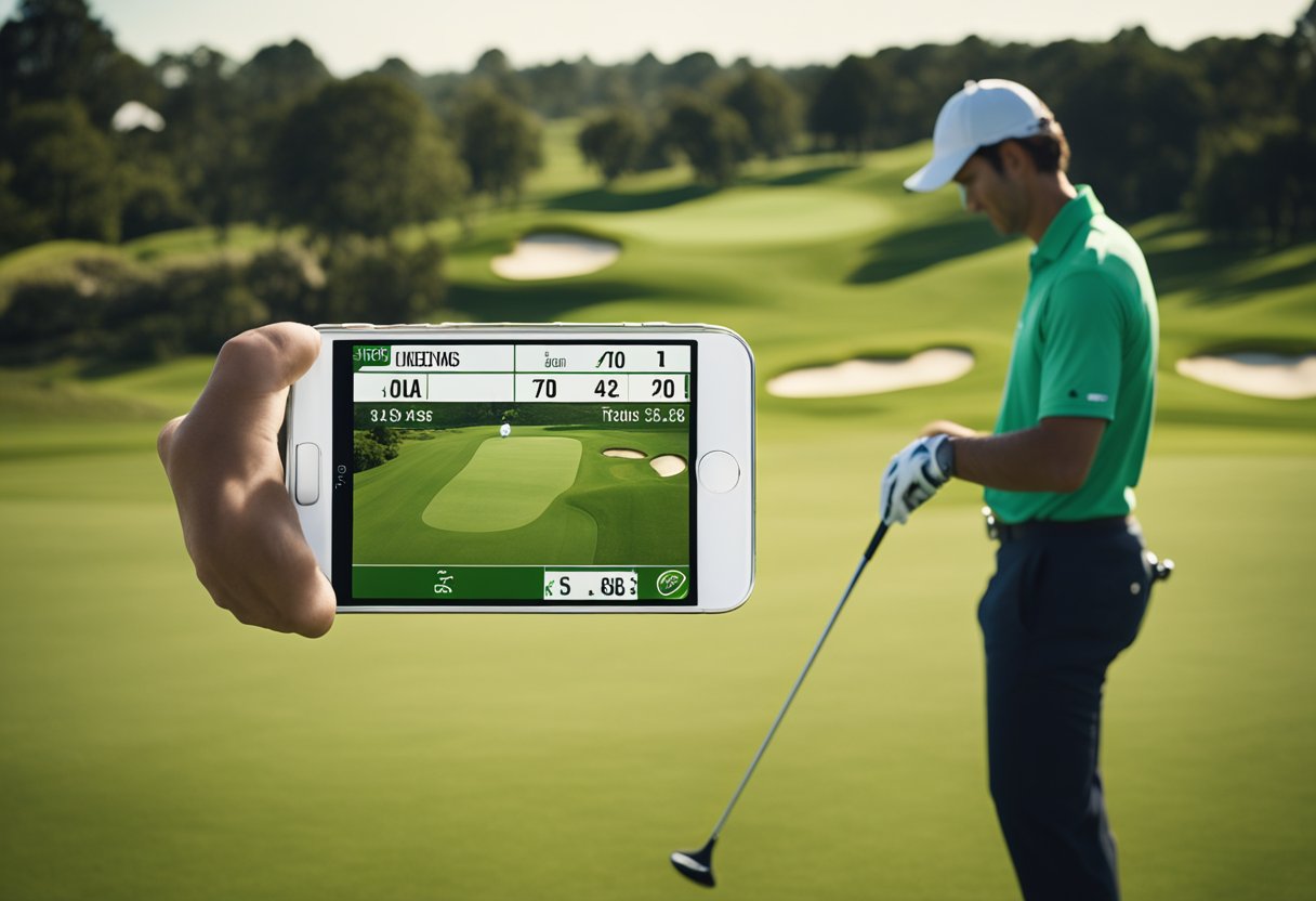 A golfer using a GPS device to track their game on a lush green golf course with rolling fairways and bunkers