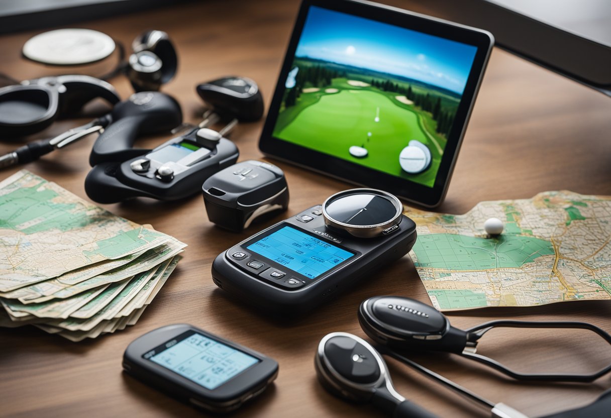 A table with various golf GPS devices, each displaying different features and designs, surrounded by golf clubs and a map of a golf course