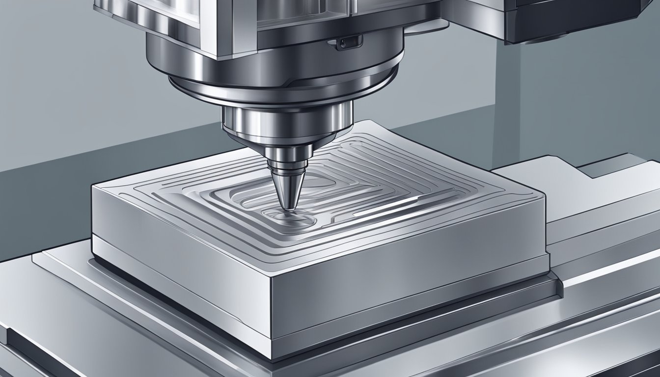 A precision CNC machine precisely carves a smooth aluminum block with a corner radius end mill, producing precise and clean cuts