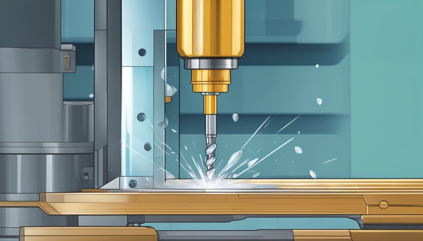 A through coolant drill pierces metal with precision, as coolant flows through the tool, cooling and lubricating the cutting edges