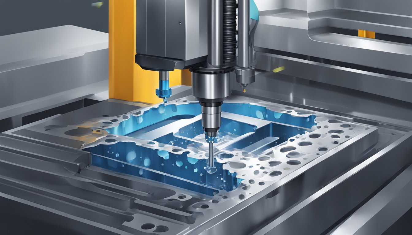 A CNC machine drilling through metal with through coolant technology, producing efficient and precise results