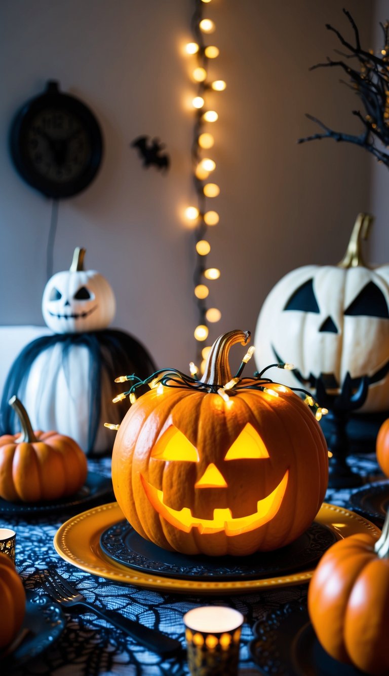 A pumpkin centerpiece adorned with fairy lights sits on a Halloween-themed table, surrounded by other spooky and stylish decorations