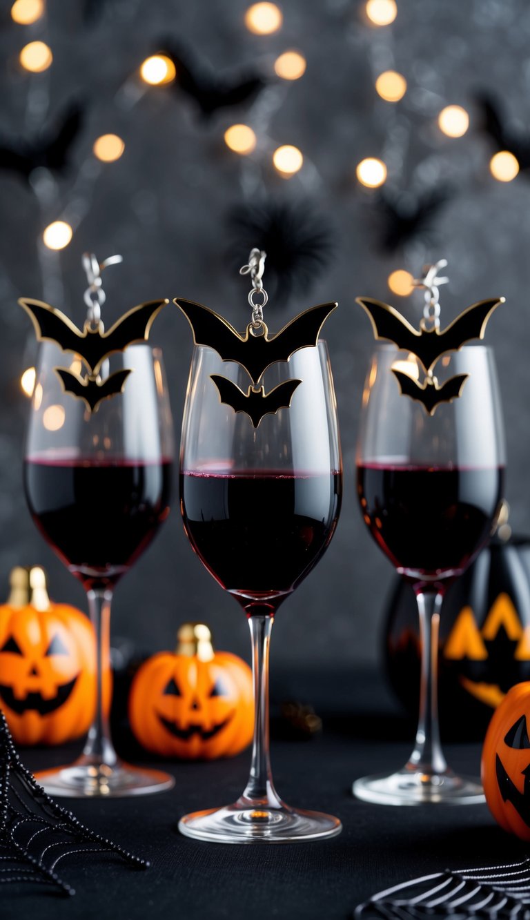 A group of bat-shaped wine glass charms arranged on a spooky Halloween-themed table with other stylish decorations