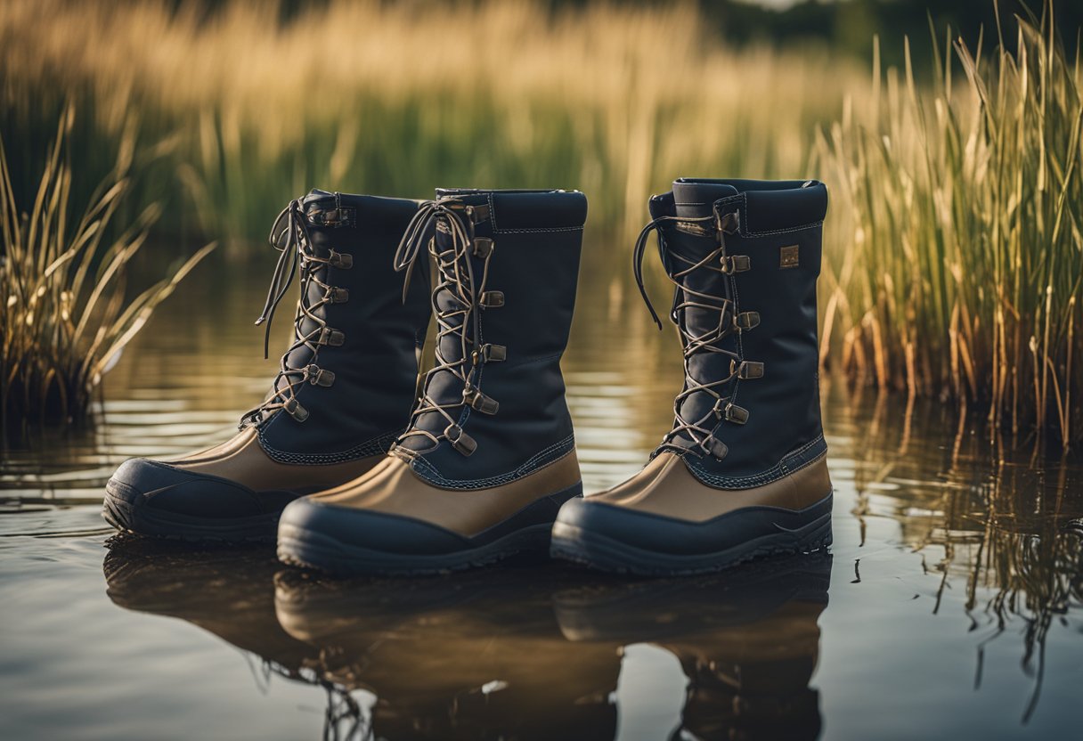 A pair of stocking foot hip waders lying on the shore of a tranquil river, surrounded by tall grass and cattails