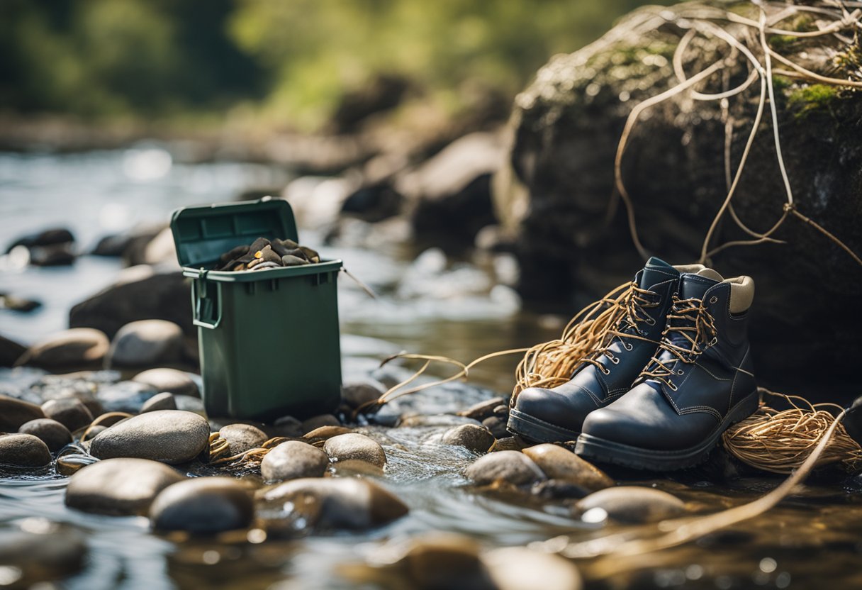 A pair of stocking foot hip waders lying on a rocky riverbank, surrounded by tangled fishing line and a discarded bait container