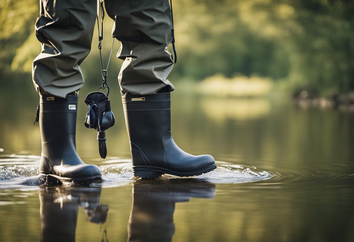 A pair of stocking foot hip waders hanging from a hook, with durable fabric and a sturdy sole for outdoor use