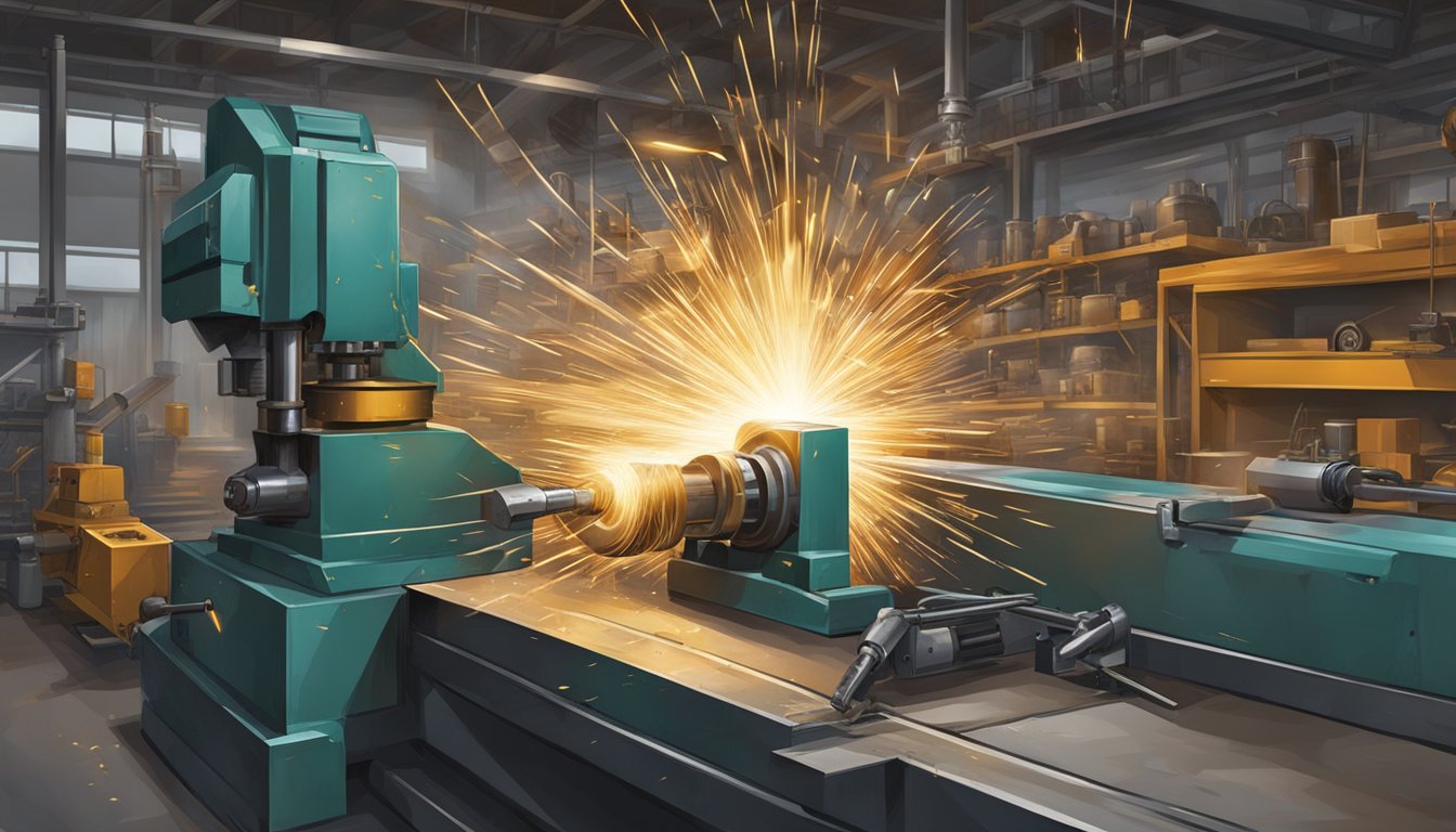 Sparks fly as a burr bit cuts through steel, surrounded by modern industrial tools and equipment