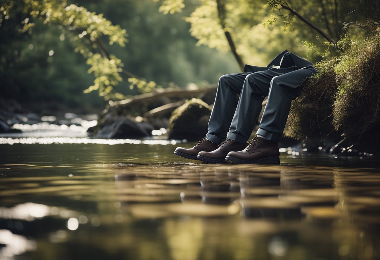 A pair of stockingfoot wading pants lying on a riverbank, surrounded by the tranquil flow of water and overhanging branches