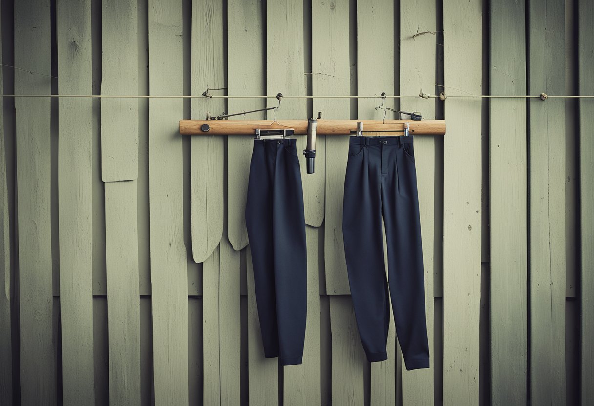 A pair of stockingfoot wading pants hanging on a wooden peg next to a pair of stockingfoot pants, with a tackle box and fishing rod leaning against the wall