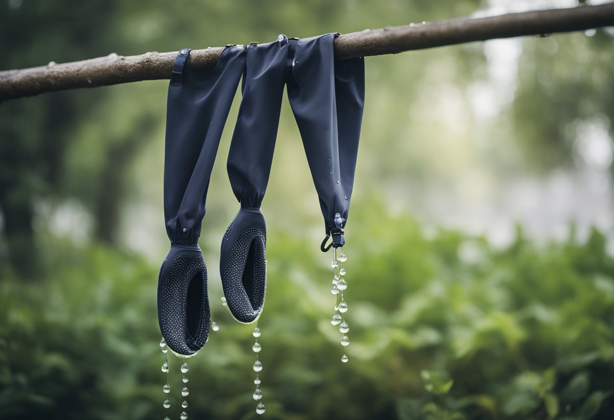 A pair of stockingfoot wading pants hanging from a hook, with water droplets dripping off the fabric