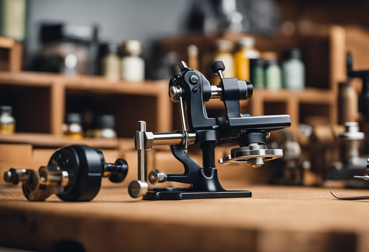 A fly tying vise holds a hook securely in place while a fly tying tool and kit are arranged nearby. A rotary fly tying vise is also present in the scene