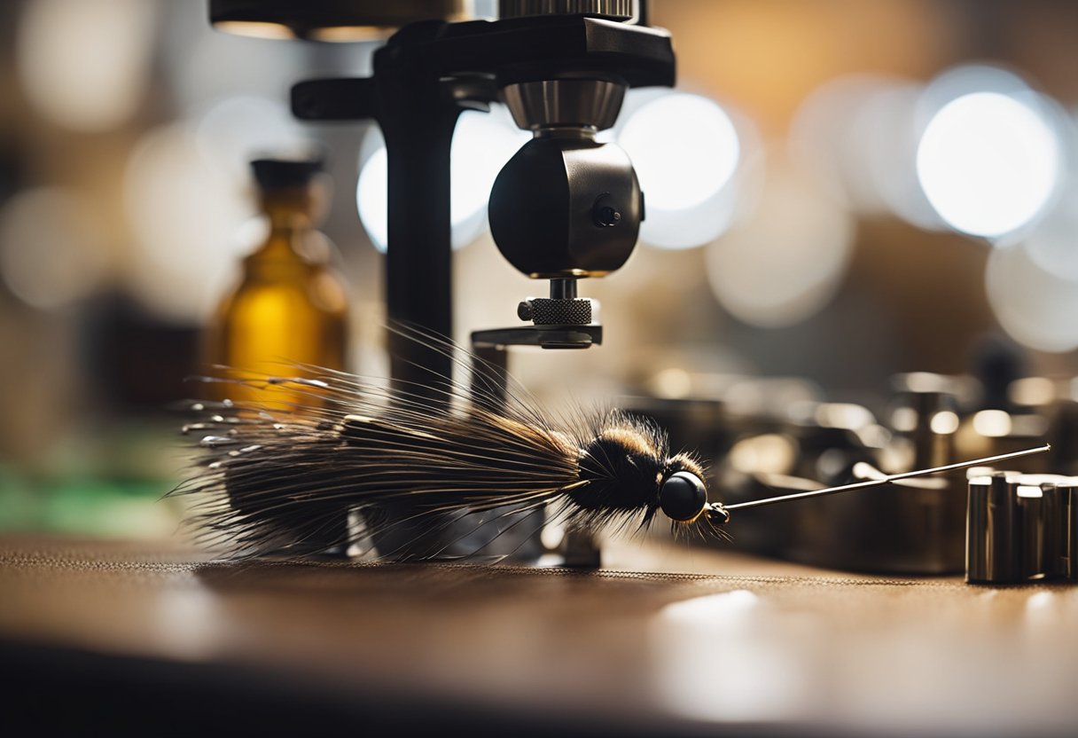 A fly tying vise holds materials while tools from a kit are used to create intricate fly patterns