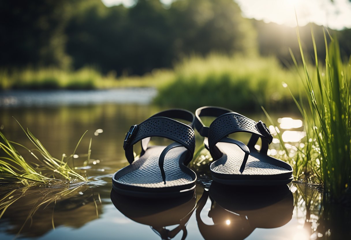 A pair of wading sandals sit on the edge of a tranquil river, surrounded by tall grass and the gentle sound of flowing water