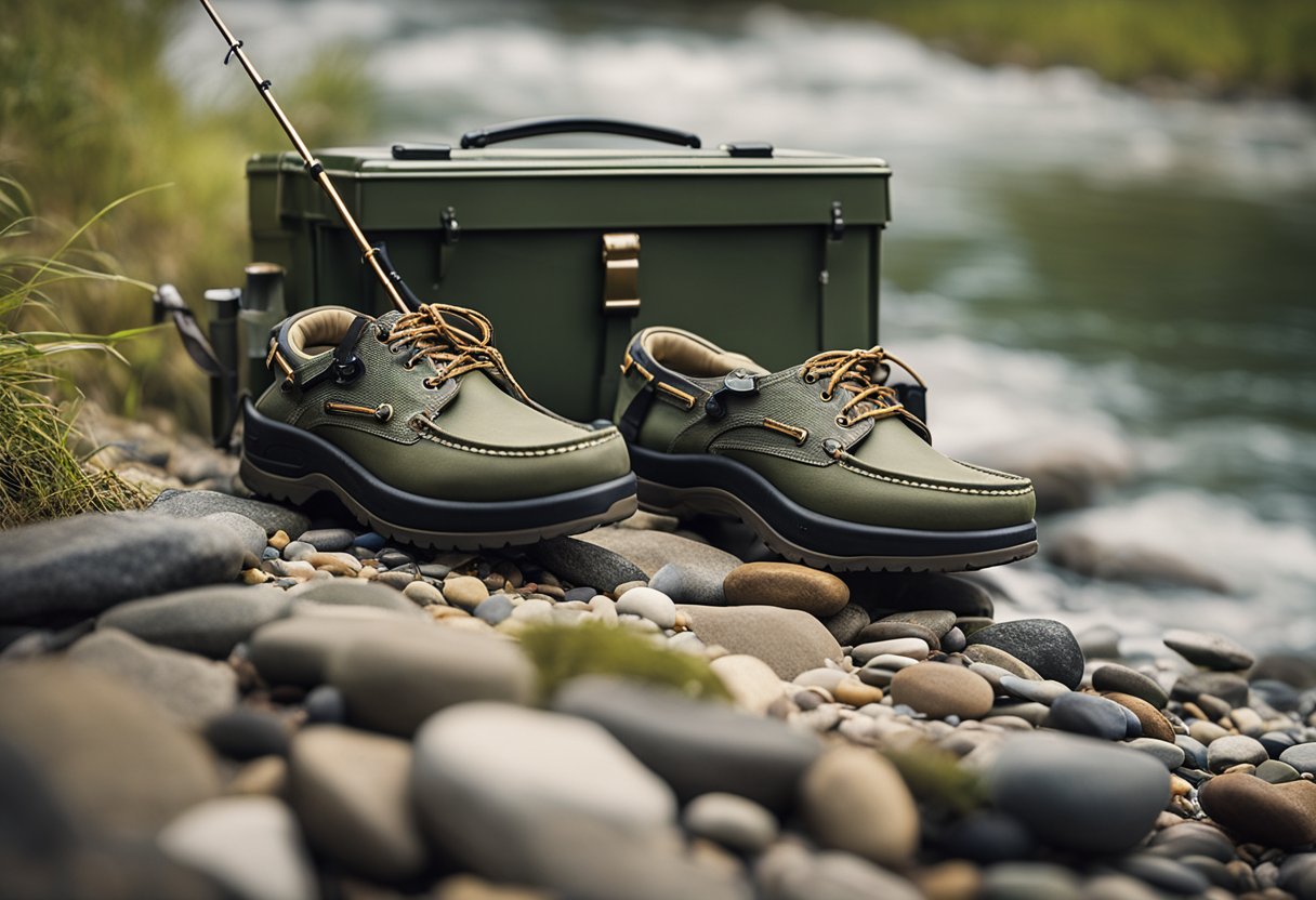 A pair of fishing sandals resting on a rocky riverbank, with a fly fishing rod and tackle box nearby