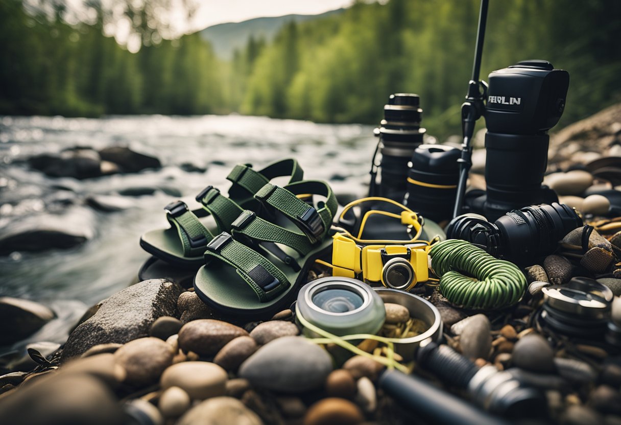 A pair of wading sandals surrounded by fishing gear and equipment near a flowing river or stream