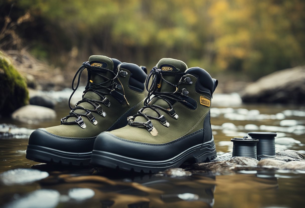 A pair of felt-bottom wading boots sits on the riverbank, surrounded by fly fishing gear