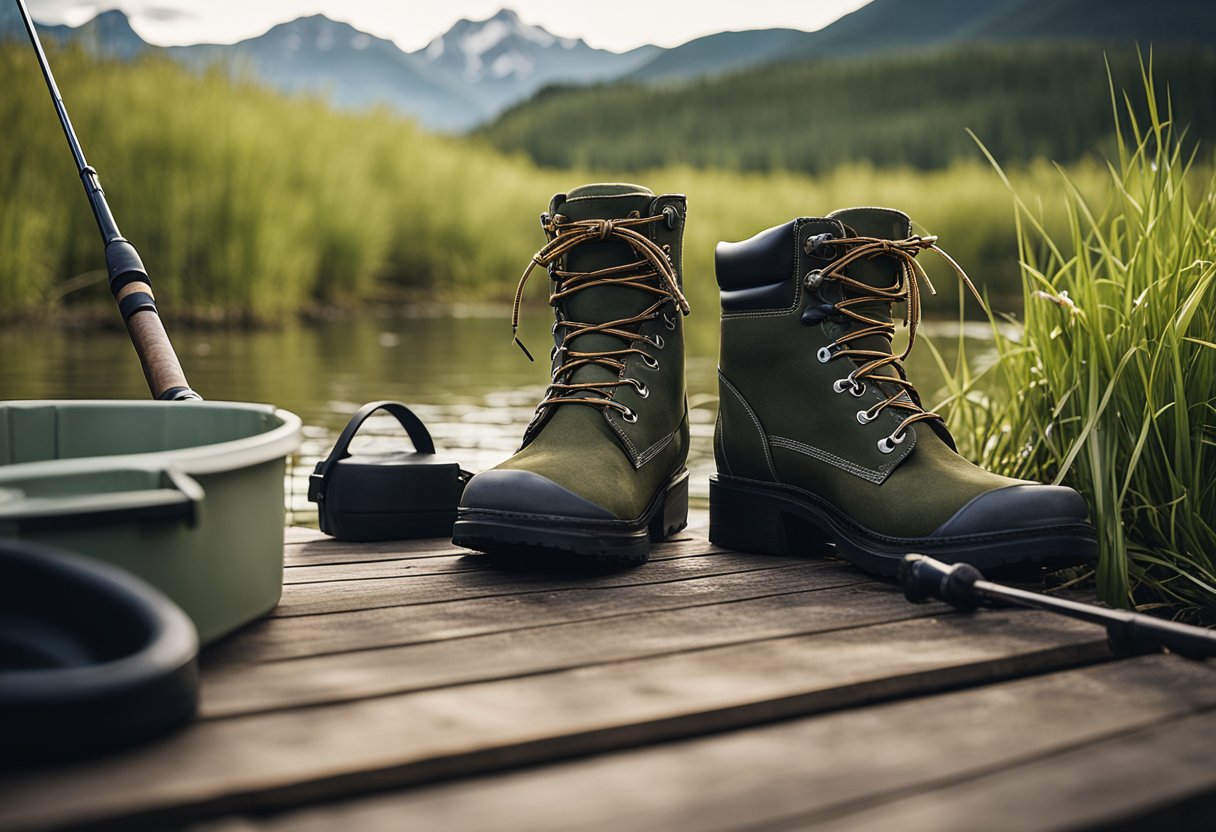 A pair of felt-bottom wading boots sits on a wooden dock next to a fly fishing rod and a tackle box. The boots are surrounded by a serene river scene with tall grass and a distant mountain