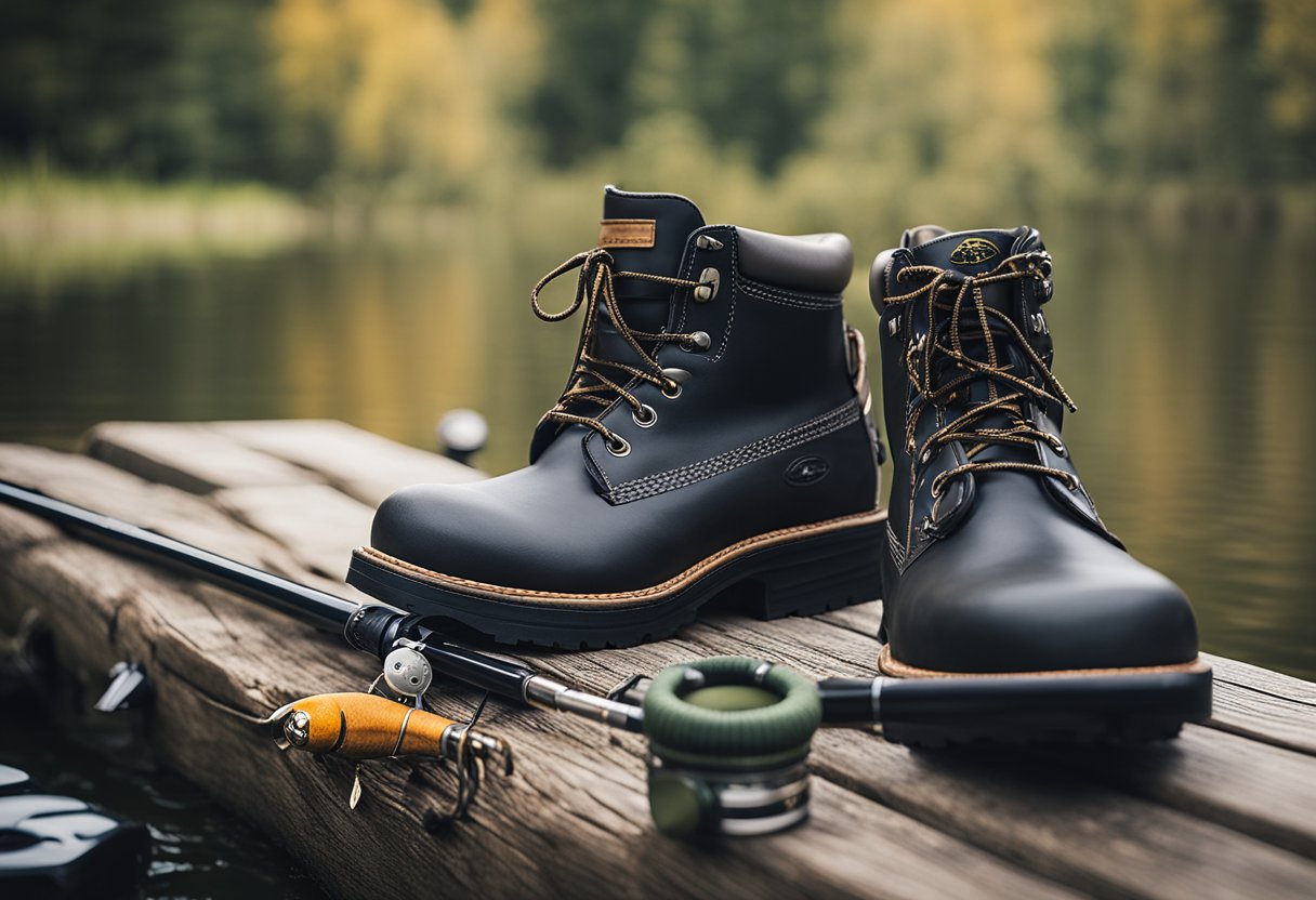 A pair of felt-bottom wading boots sits on a wooden dock next to a tackle box, with a fly fishing rod leaning against a nearby tree