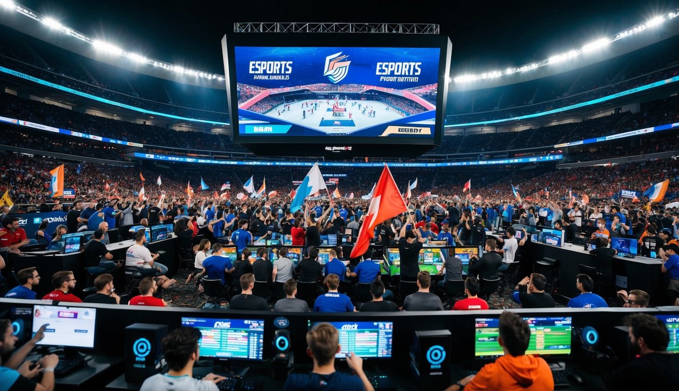 Sebuah stadion yang ramai dengan layar besar yang menampilkan pertandingan esports. Para penggemar bersorak dan melambaikan bendera sambil memasang taruhan di kios taruhan.