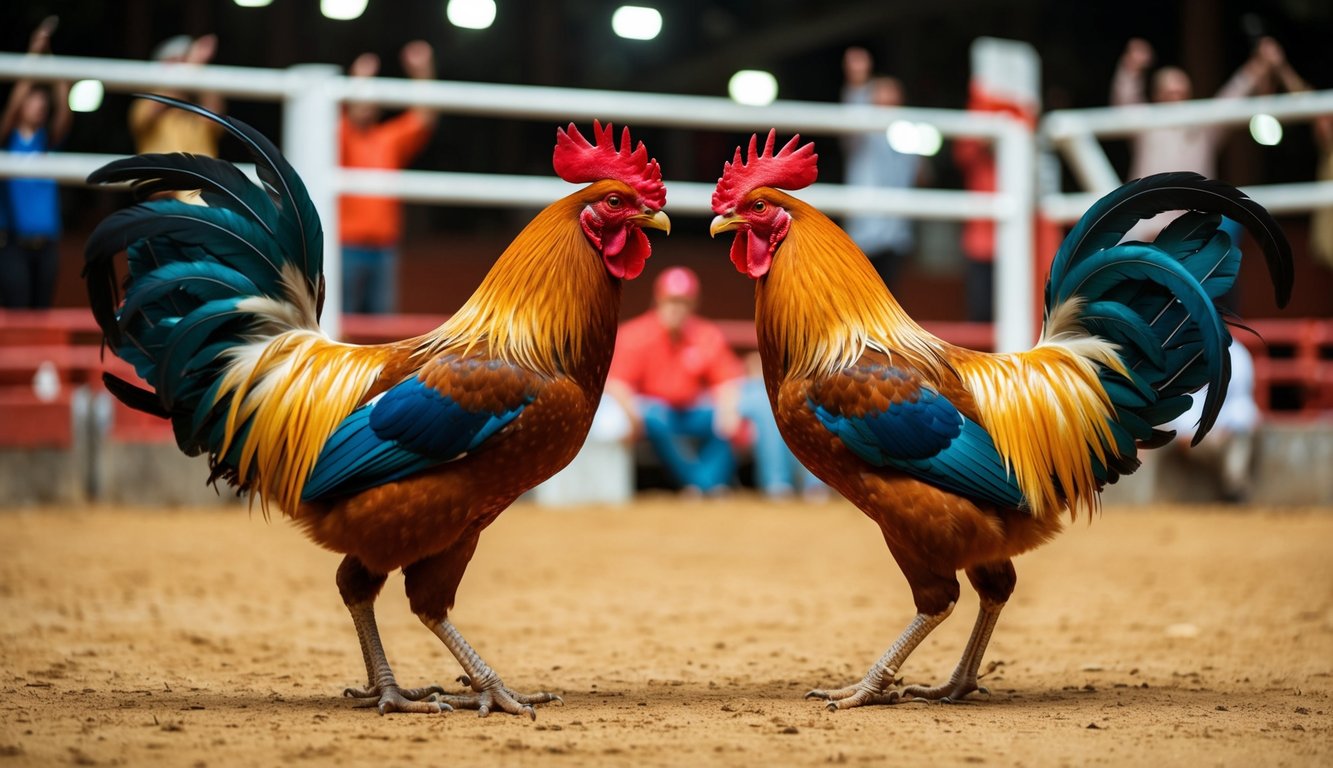 Dua ayam jantan berhadapan di arena sabung ayam dengan penonton bersorak di latar belakang