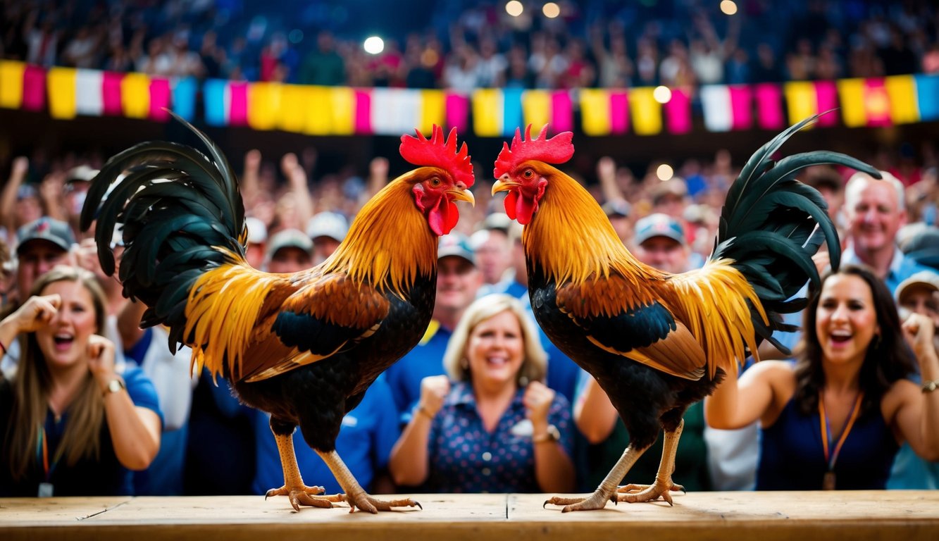 Dua ayam jantan berhadapan di arena yang ramai, dikelilingi oleh penonton yang bersorak dan spanduk berwarna-warni