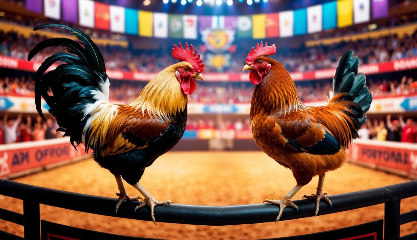 Seekor ayam jantan dan seekor ayam betina berhadapan di arena yang ramai dan berwarna-warni, dikelilingi oleh penonton yang bersorak dan spanduk berwarna-warni.