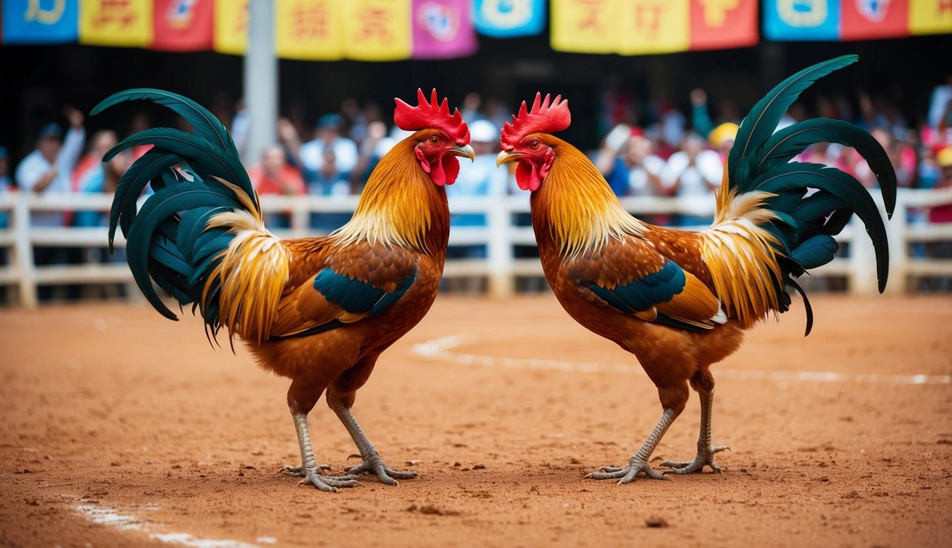 Dua ayam jantan berhadapan di arena sabung ayam tradisional, dikelilingi oleh penonton yang bersorak-sorai dan spanduk berwarna-warni