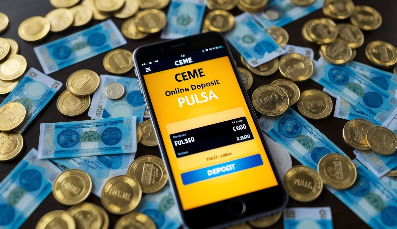 Sebuah smartphone dengan layar yang bersinar menampilkan transaksi Ceme Online Deposit Pulsa, dikelilingi oleh berbagai denominasi kredit pulsa