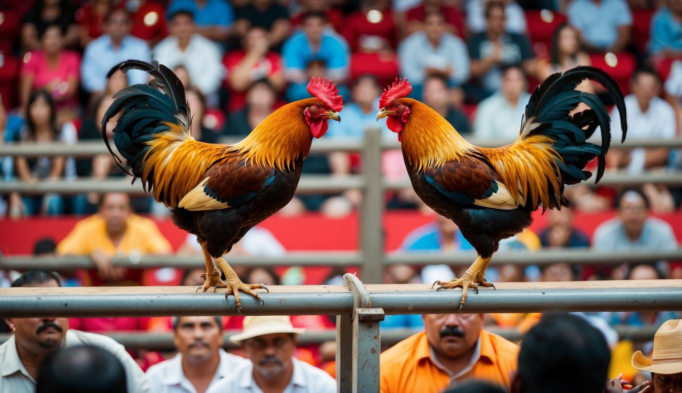 Sebuah arena yang ramai dengan dua ayam jantan yang saling berhadapan dalam pertarungan ayam yang panas dikelilingi oleh penonton yang antusias