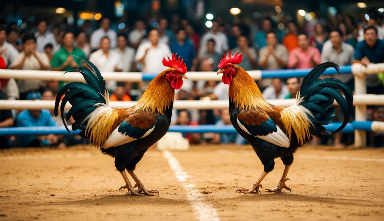 Sebuah arena yang ramai dengan dua ayam jantan yang berhadapan di gelanggang sabung ayam tradisional. Penonton bersorak dan memasang taruhan pada hasilnya.