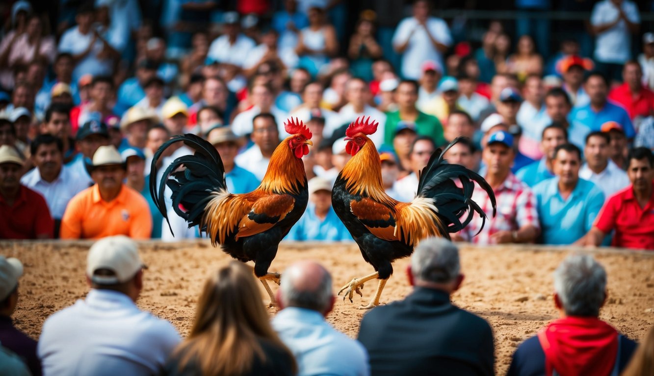 Sebuah arena terbuka yang ramai dengan ayam jantan bertarung dikelilingi oleh penonton yang bersorak