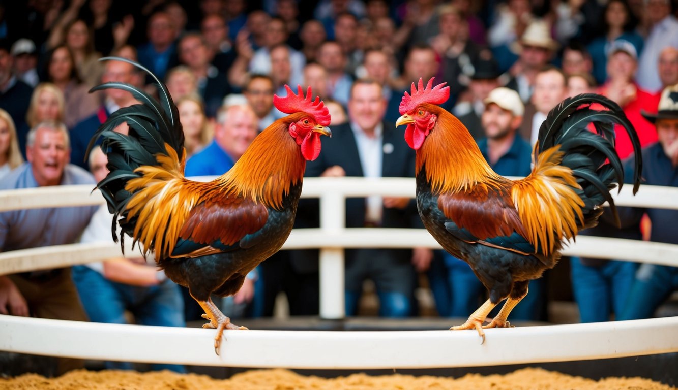 Dua ayam jantan berhadapan di arena yang ramai, dikelilingi oleh penonton yang antusias dan deretan kios taruhan