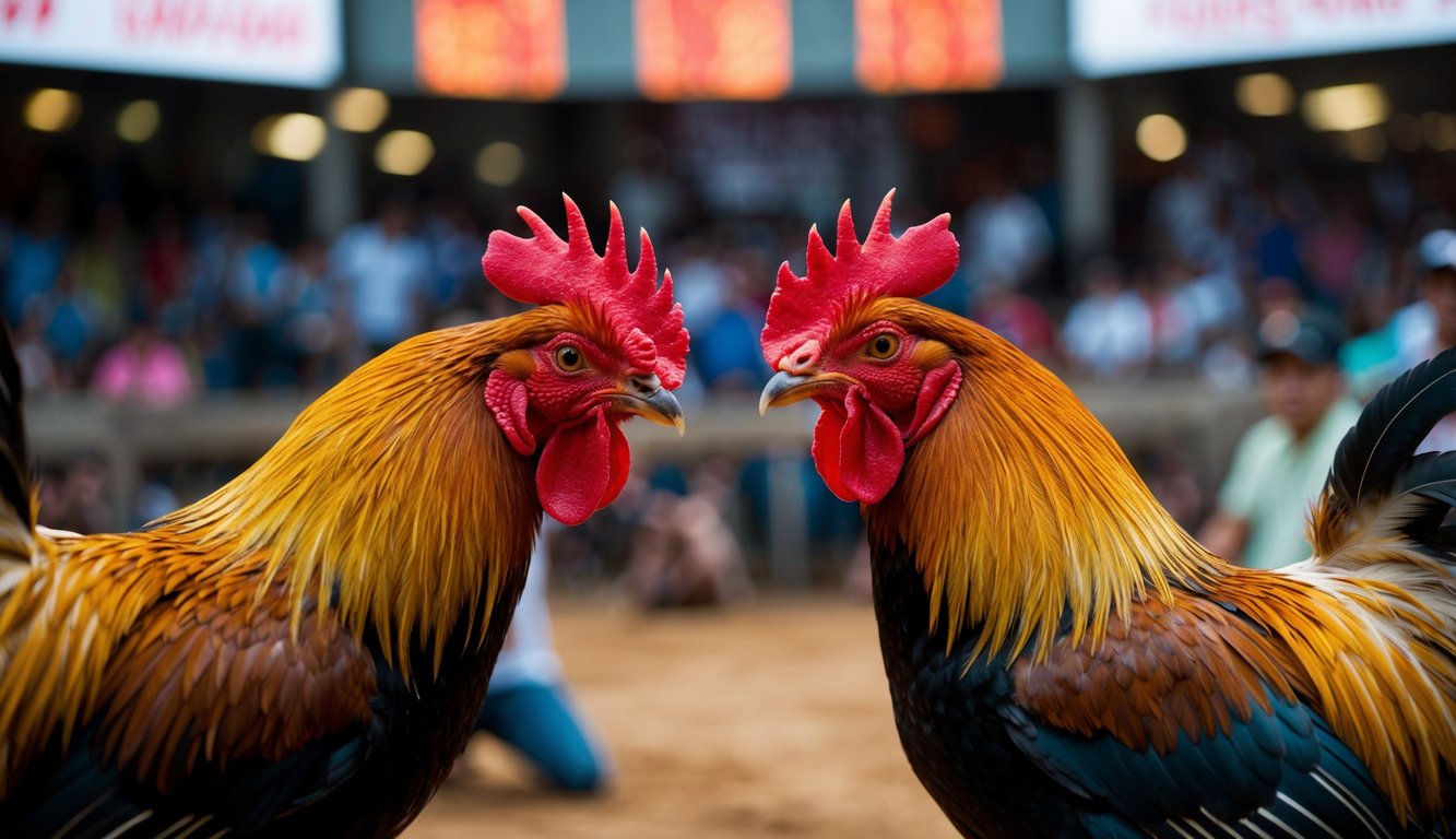 Dua ayam jantan berhadapan di arena yang ramai, bulu-bulu mengembang, paruh-paruh terbuka dalam pertempuran sengit selama pertandingan sabung ayam s128