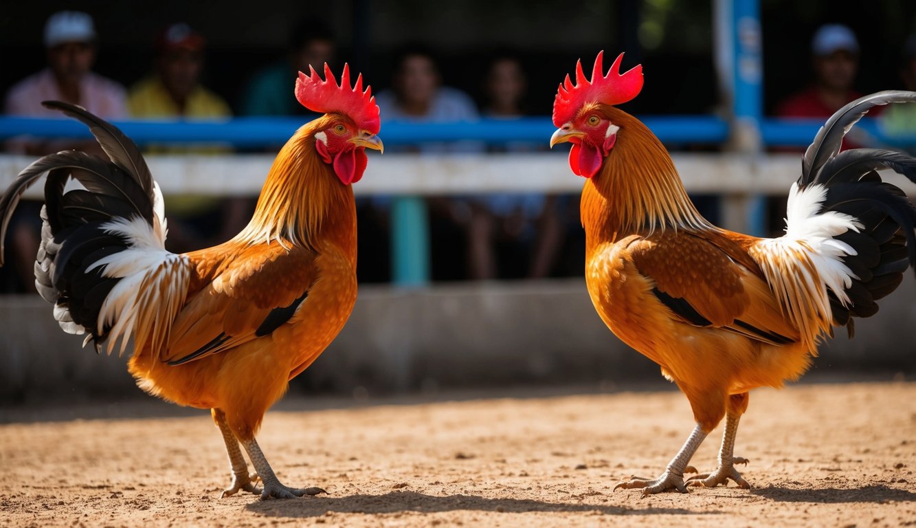 Dua ayam jantan saling berhadapan di arena tanah, bulu-bulu mengembang, siap bertarung dalam pertandingan sabung ayam sv388