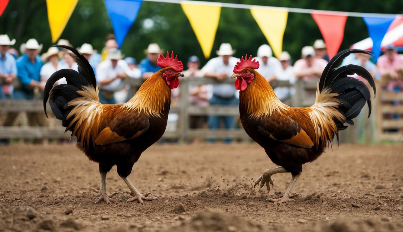 Dua ayam jantan berhadapan di dalam lubang tanah, dikelilingi oleh penonton yang bersorak dan bendera-bendera berwarna-warni