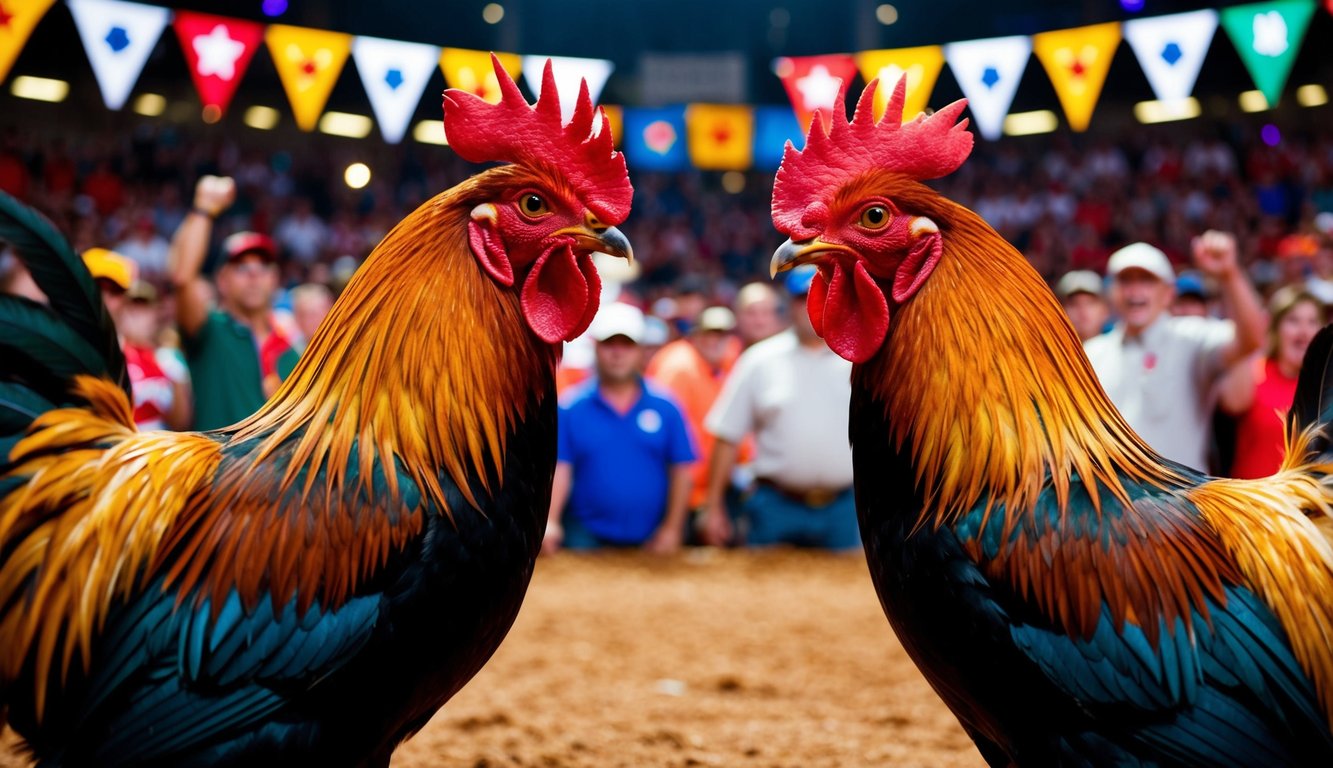 Dua ayam jantan berhadapan di arena yang ramai, dikelilingi oleh penonton yang bersorak dan spanduk berwarna-warni