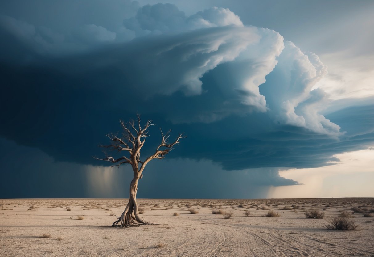 A stormy sky with dark clouds looming over a deserted, barren landscape. A lone tree stands twisted and broken, symbolizing the impact of trauma