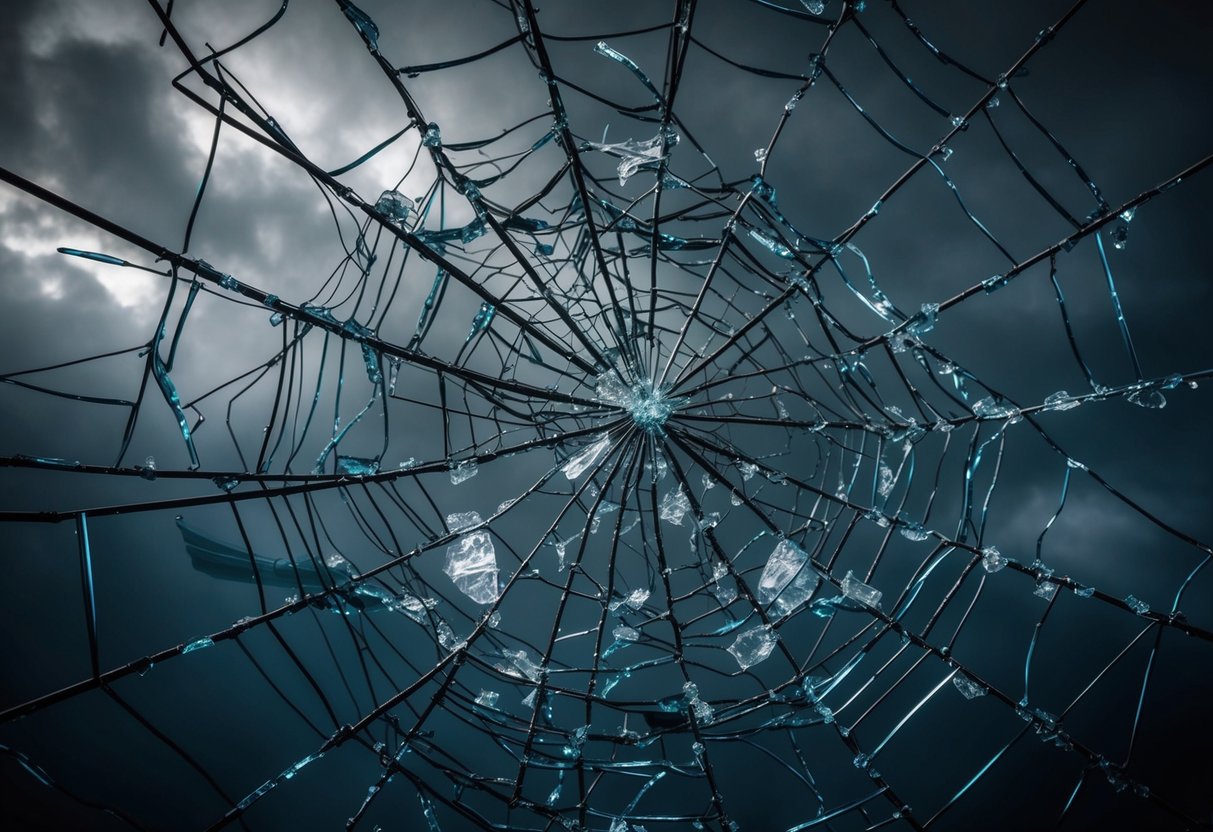 A tangled web of shattered glass and twisted metal, surrounded by ominous shadows
