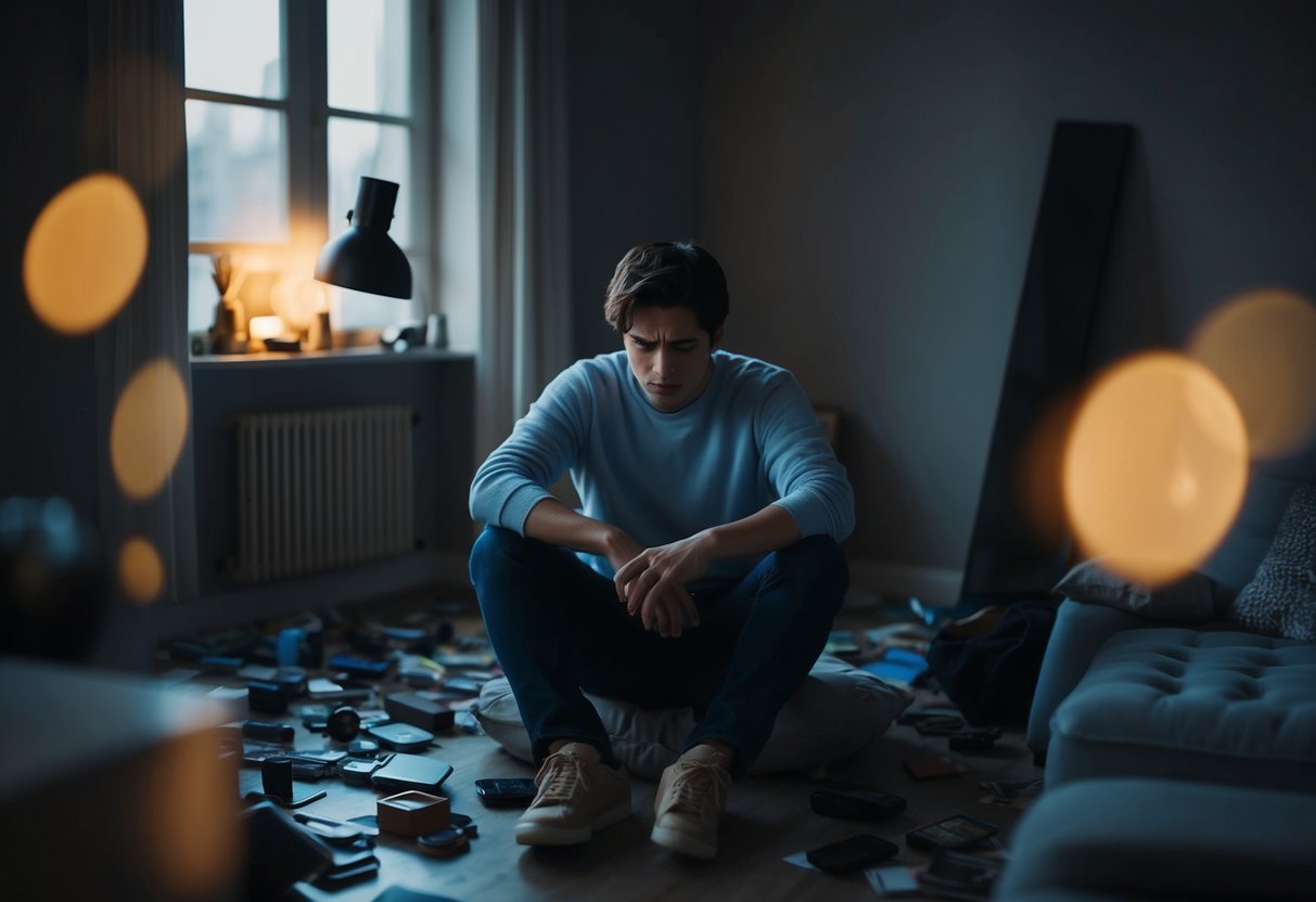 A person sitting alone in a dimly lit room, surrounded by scattered objects and looking distressed