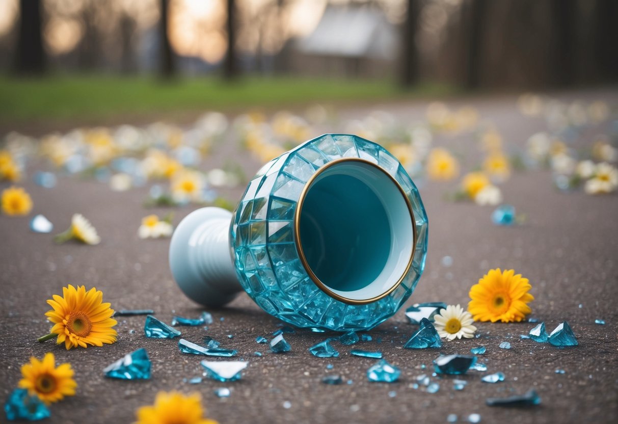 A shattered vase lying on the ground, surrounded by broken pieces and scattered flowers