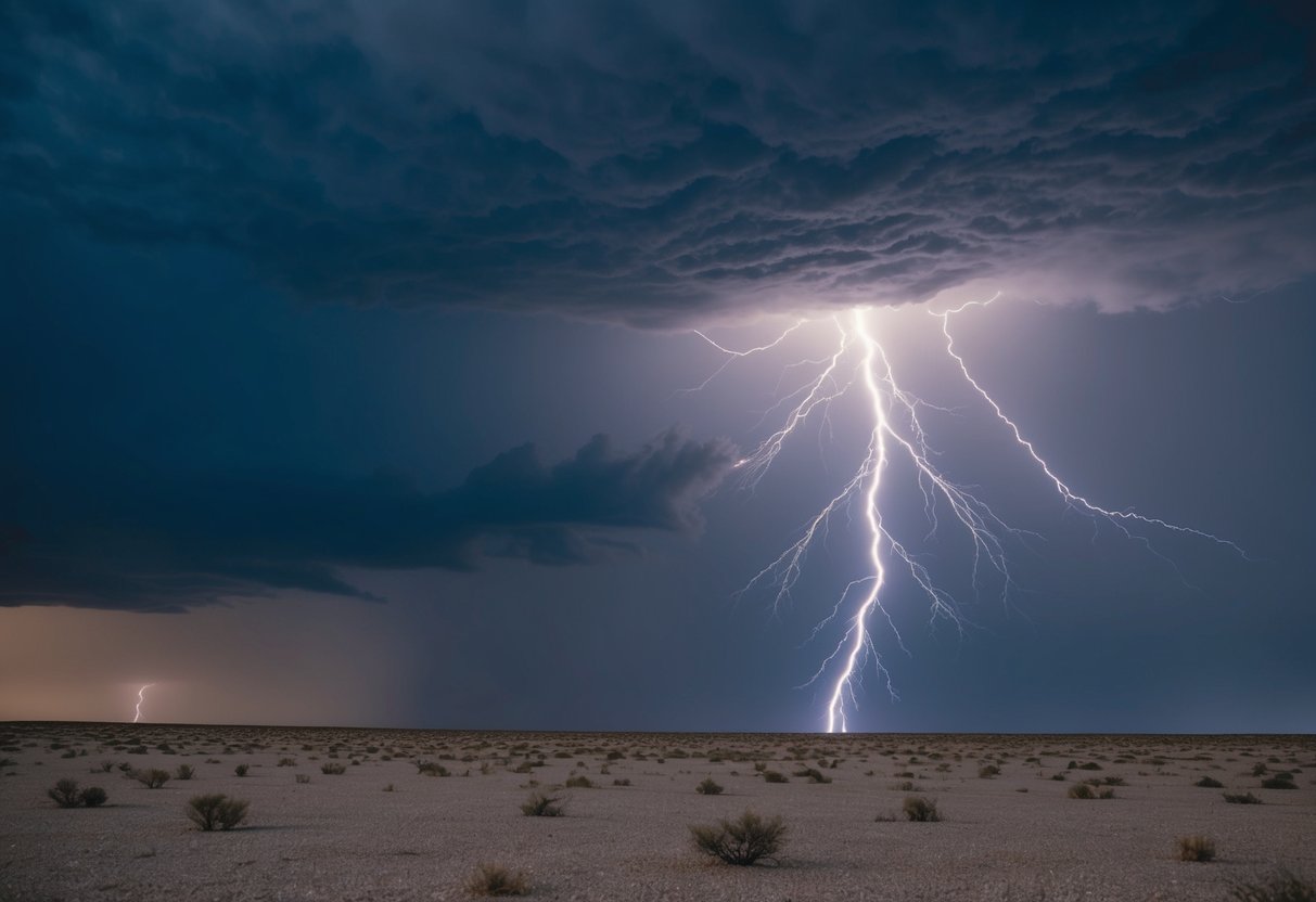 A stormy sky with lightning striking a barren landscape, creating a sense of fear and unease