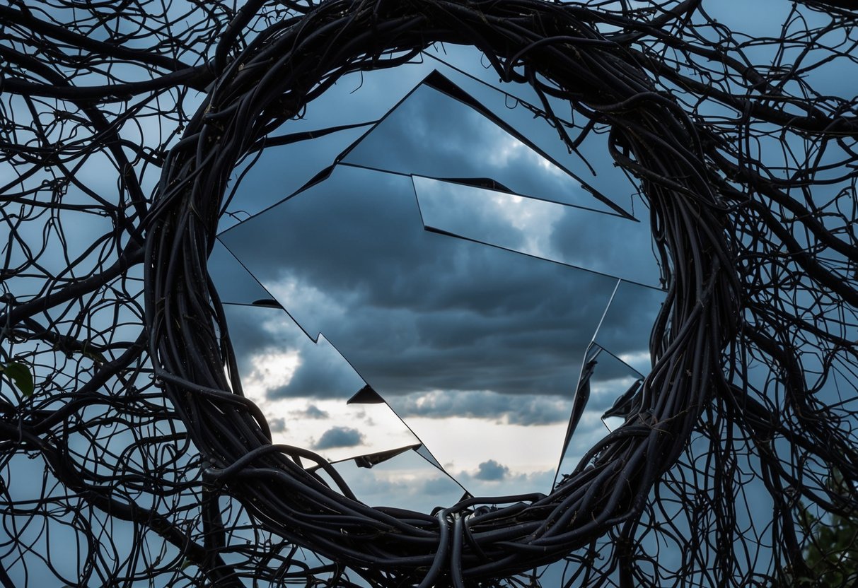 A tangled web of dark, twisting vines encircles a shattered mirror, reflecting fragmented images of a stormy sky