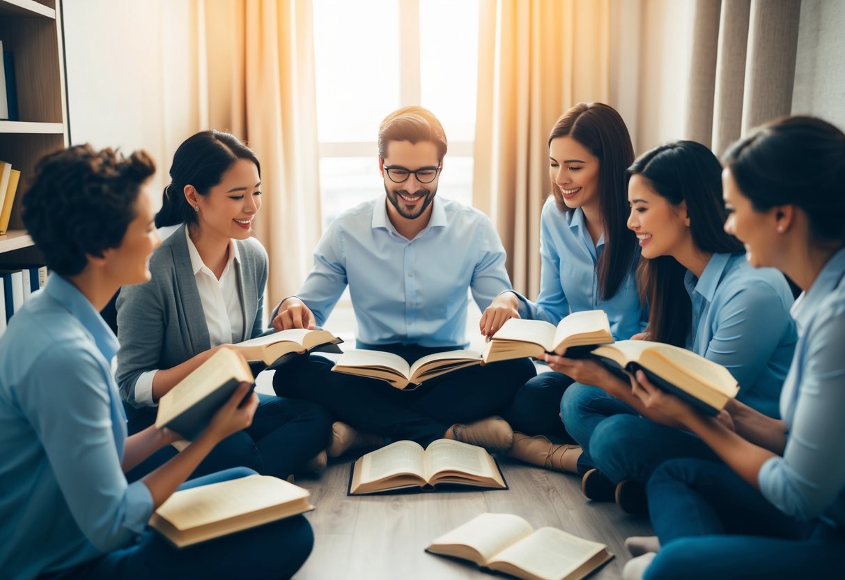 A person sitting in a circle of supportive friends and professionals, with open books, comforting gestures, and a warm, inviting atmosphere