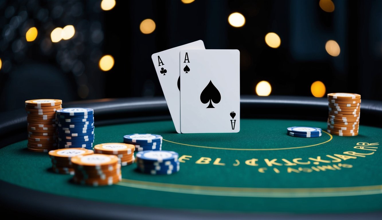 Sebuah meja blackjack online yang ramping dan modern dengan kartu dan chip virtual, diletakkan di latar belakang gelap dengan nuansa kasino.