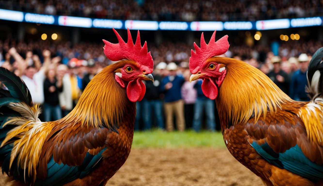 Dua ayam jantan berhadapan di arena yang ramai, bulu mengembang dan paruh terbuka dalam pertunjukan dominasi yang sengit. Kerumunan bersorak saat pertarungan intens dimulai.