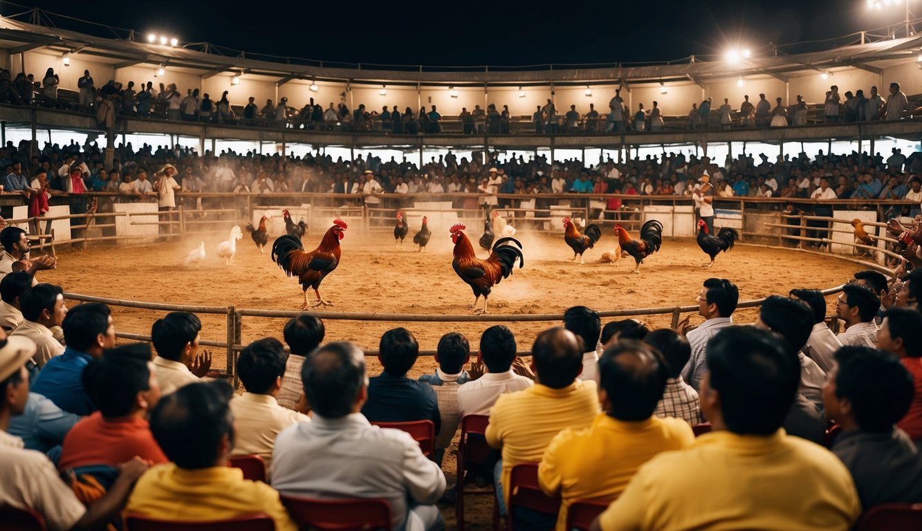 Arena sabung ayam luar ruangan yang ramai dengan penonton yang bersorak dan ayam jantan di tengah pertarungan sengit