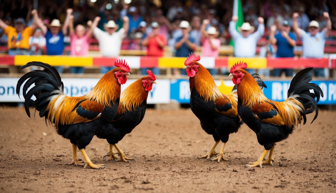 Sekelompok ayam jantan berhadapan di arena tanah, dikelilingi oleh penonton yang bersorak dan spanduk berwarna-warni