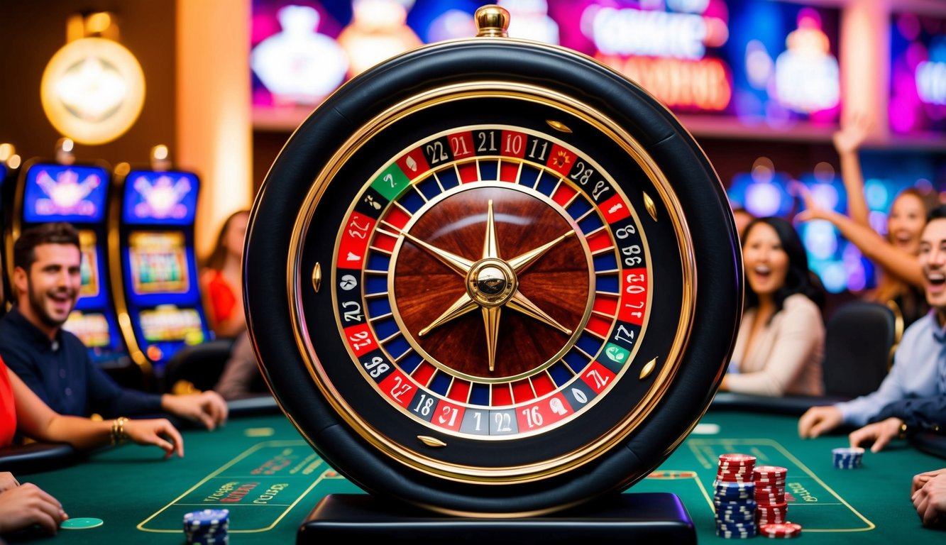 Sebuah kasino online yang hidup dengan roda roulette, meja poker, dan mesin slot dikelilingi oleh pemain yang bersemangat