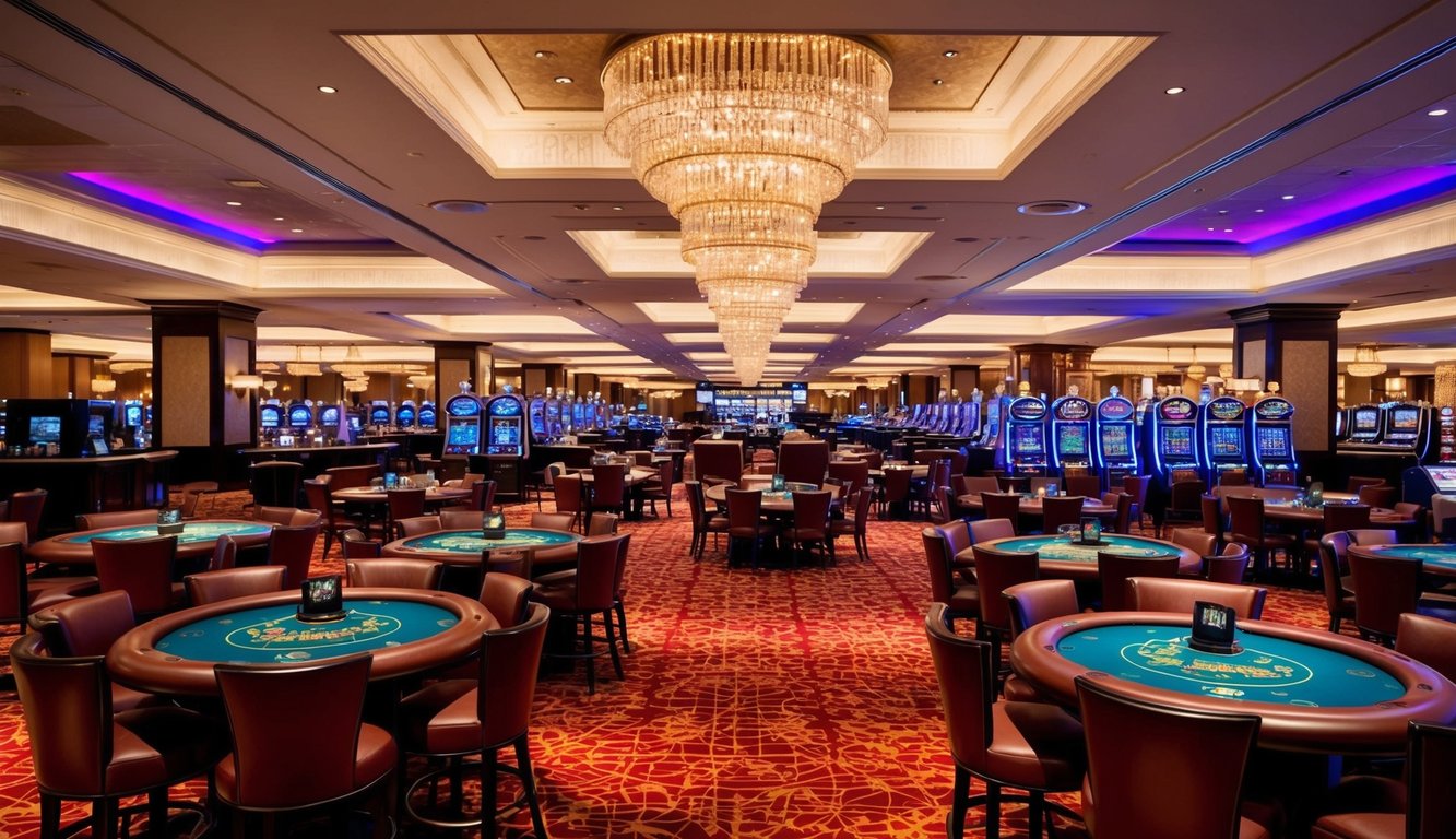 Lantai kasino yang ramai dengan meja-meja elegan, lampu-lampu berwarna-warni, dan suasana yang hidup