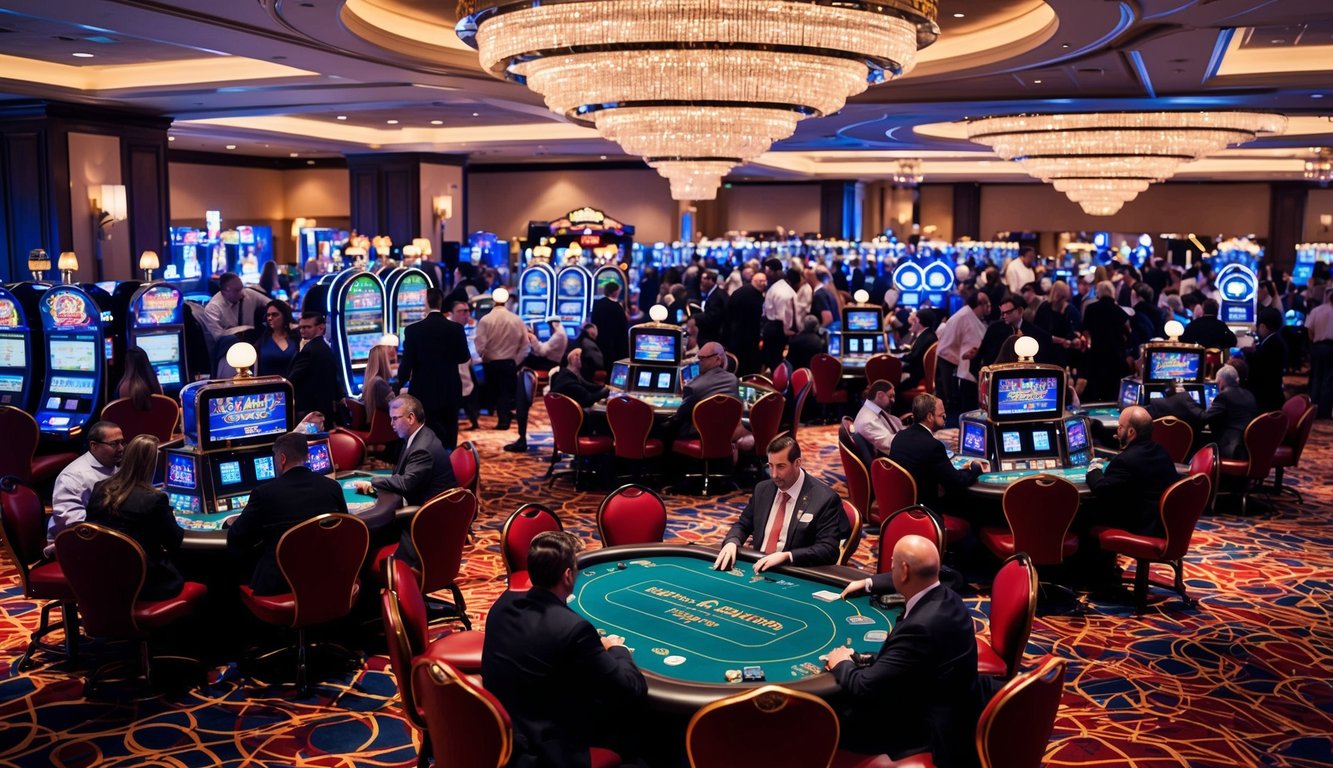 Sebuah lantai kasino yang ramai dengan meja permainan langsung, mesin slot, dan kerumunan pemain serta dealer yang hidup